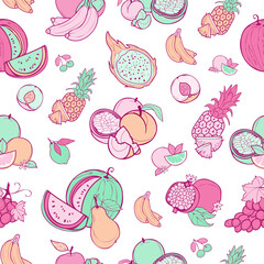 Vector exotic fruits semless pattern. Pastel color, doodle design.