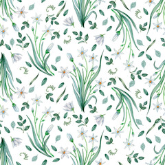 Fototapeta na wymiar Seamless botanical pattern with field white flowers, leaves and twigs. Hand painted watercolor background. Isolated on white.