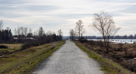 Fototapeta na wymiar Scenic Pathway by Pitt River during a sunny winter day. Taken in Pitt Meadows, Vancouver, British Columbia, Canada.