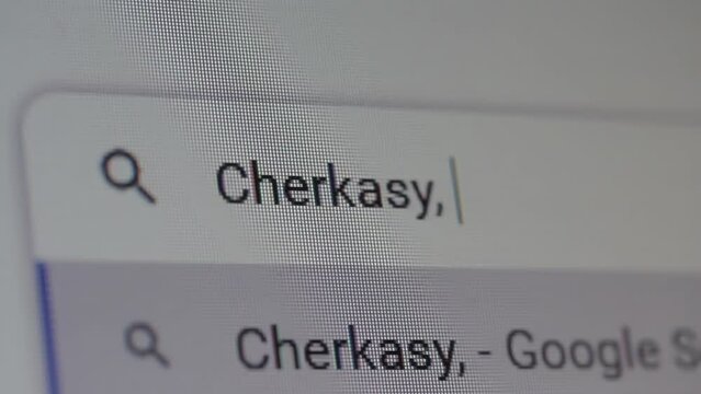 Searching for "Cherkasy, Ukraine" on the Internet. Close Up. 