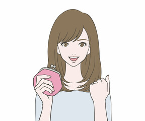 財布を持ち、ガッツポーズをする女性