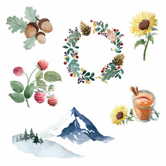 Watercolor clip art for autumn and winter
