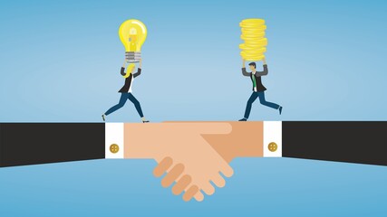 Negotiation and agreement. Businesswoman and businessman meet on handshake. Vector illustration. Dimension 16:9.