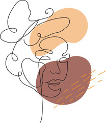 Abstract woman vector background set in continuous line art. Fashion cards with female faces, hands, postures, color texture shape elements in modern simple linear style. 