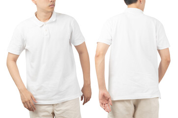 Young man in blank Polo t-shirt mockup front and back used as design template, isolated on white...