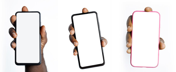 Black male hand holding phone facing camera isolated on white background. blank screen, phone...