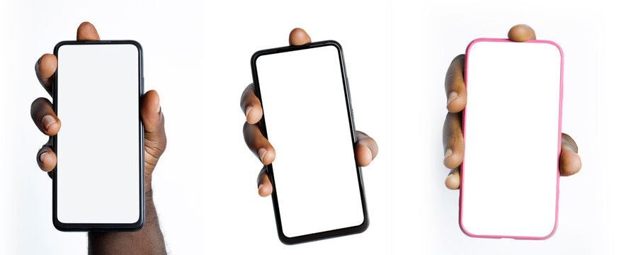 Black Male Hand Holding Phone Facing Camera Isolated On White Background. Blank Screen, Phone Screen Mockup, Front View, Clipping Path, Mask, Set