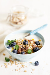 Healthy breakfast with yogurt, granola and fresh blueberries.