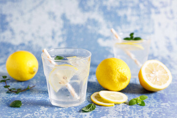 Iced lemonade soda drink with fresh mint leaves.