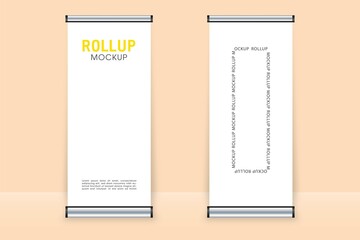 Realistic 3D vertical roll up banner stand template design. Realistic advertising billboard banners.