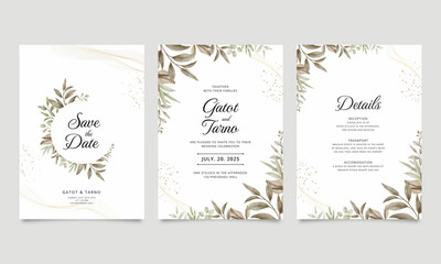 Elegant set of wedding invitation templates set with watercolor green foliage decoration