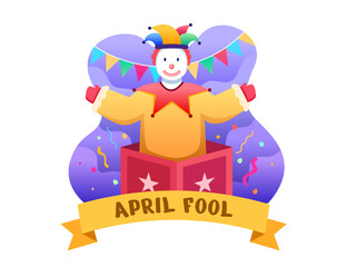 April Fool Flat Illustration with Clown in The Box Surprising. Funny Face Clown For Celebrate April Fool Day. Can be used for greeting card, poster, banner, postcard, web, etc