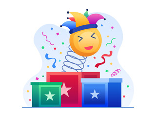 Illustration Jack in The box celebrate April Fool Day. Surprising Funny Emoji in a box. Happy April Fool Day. Can be used for greeting card, postcard, web, social media, banner, poster, etc.