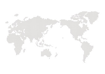 日本を中心に描いたグレーの世界地図 - シンプルな四角いドットのワールドマップ