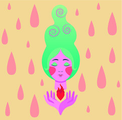 woman with a heart in her hand on fire and a background of blood drops vectorized illustration with pastel and bright colors