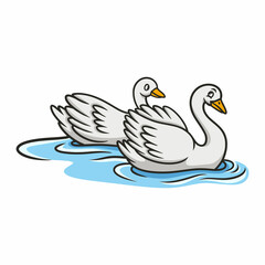 animals cartoon illustration Two swans are swimming in the river in the middle of the forest under a big tree