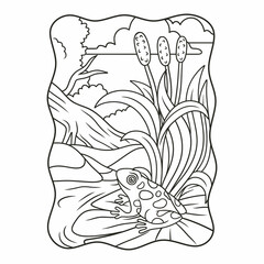 cartoon illustration a frog sitting on a lotus flower in the middle of the river book or page for kids black and white