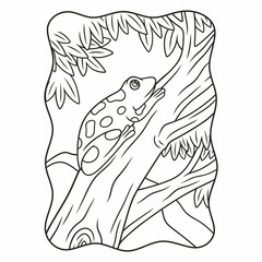 cartoon illustration a frog that is climbing a big tree in a crouched position aiming for its prey book or page for kids black and white