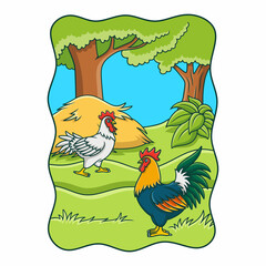 cartoon illustration a rooster is walking towards a hen in the middle of the forest near the hay