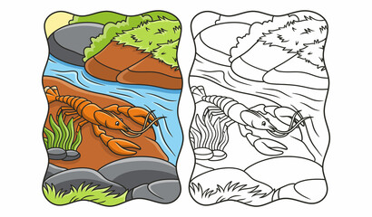 cartoon illustration a shrimp is walking by the river near a big rock book or page for kids