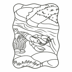 cartoon illustration a shrimp is walking by the river near a big rock book or page for kids black and white
