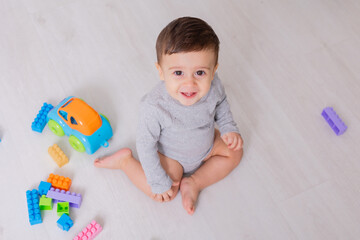 baby in a gray bodysuit is playing with a multi-colored constructor sitting on the floor. top view