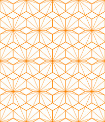 Converging straight lines in hexagons creates a repeating pattern in orange color outlines on a white background, geometric vector illustration