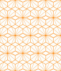 Converging straight lines in hexagons creates a repeating pattern in orange color outlines on a white background, geometric vector illustration