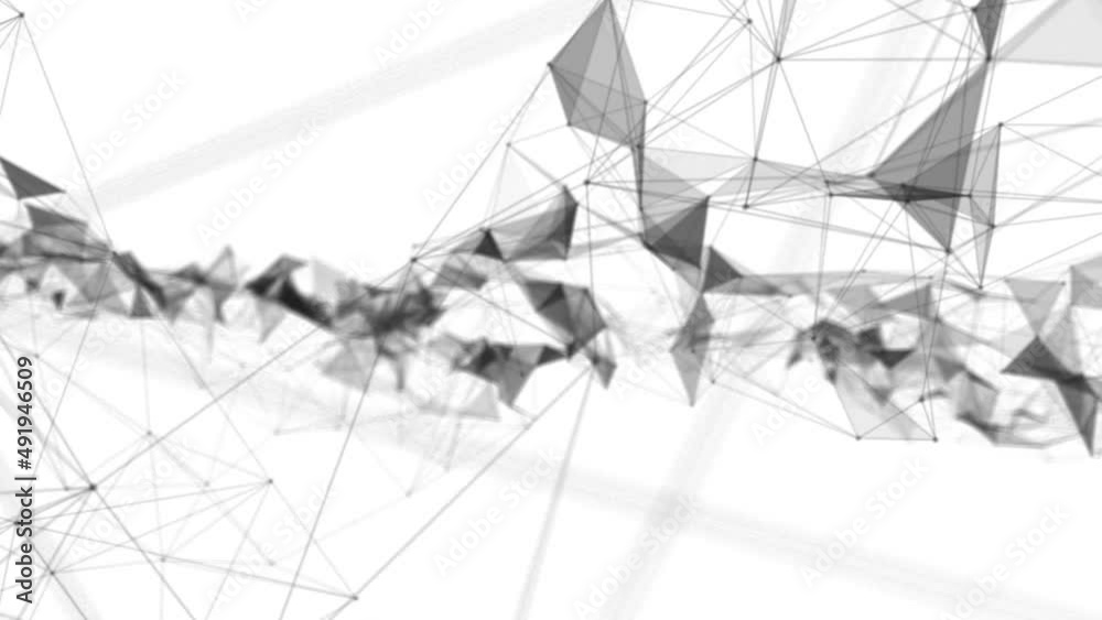 Poster Plexus fantasy abstract technology. Abstract geometric background with moving lines, dots and triangles. Science. Medicine and technology. Loop animations