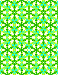 Abstract floral seamless pattern with white bellflowers, small blue flowers and green leaves on a light green background