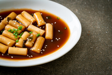 Spicy Jjajang Tteokbokki or Korean rice cake in spicy black bean sauce