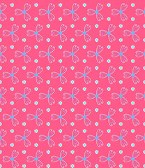 Simple seamless floral pattern with blue three-petal flowers and small white flowers on a pink background in vintage style Baby Doll Ditsy Dress design
