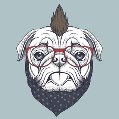 Pug dog punk hand drawn wearing a red glasses and bandana polka dot