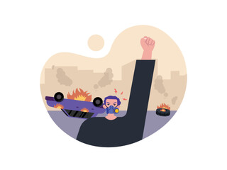 Riots during demonstrations, cars overturned and caught fire. People shouted protests. Demonstration vector illustration.