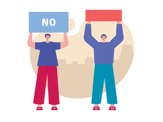 Two men holding posters during a protest/demonstration. Environmental activist. Statement of support for protecting the environment. Demonstration vector illustration.