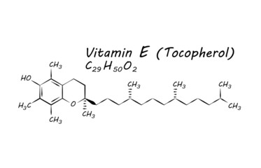 Vitamin E (Tocopherol) Chemical formula molecular structure complex. Vitamins and Minerals found in various foods. Science and medicine concept. Vector EPS10 Illustration.