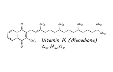 Vitamin K (Menadione) Chemical formula molecular structure complex. Vitamins and Minerals found in various foods. Science and medicine concept. Vector EPS10 Illustration.