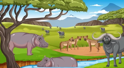 Wild animals in savanna forest landscape © blueringmedia