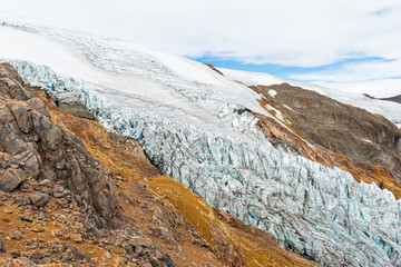 Melting glacier due to climate change on the Cayambe Volcano along hike to the peak, Cayambe Coca...