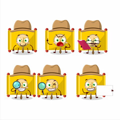 Detective yellow paper roll chinese cute cartoon character holding magnifying glass