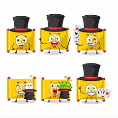 A yellow paper roll chinese Magician cartoon character perform on a stage