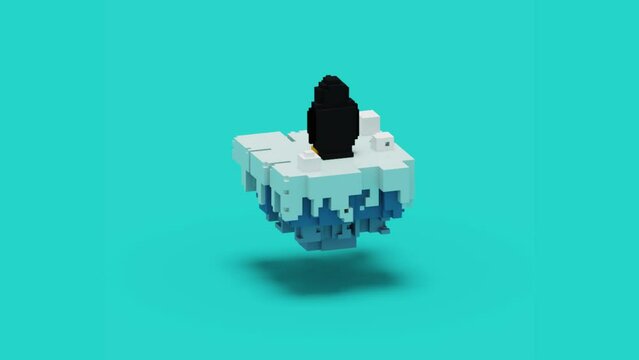 Footage of Rotate Penguin And The Floating Snow Island. With black, orange, white and blue color scheme and using 4K resolution.
