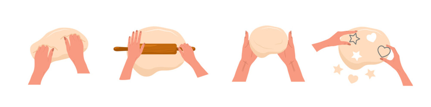 Kneading dough hands. Woman rolls homemade dough with rolling pin. Top view. Cooking school. Stay home and cook healthy food by recipe. Vector illustration in flat cartoon style.