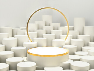 Abstract 3D luxury  white stage product display, with gold circle surrounded with white circle podiums, with single gold ring background 3D render