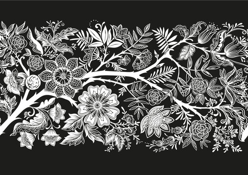 Seamless pattern with stylized ornamental flowers in retro, vintage style. Black and white graphics. Vector illustration.