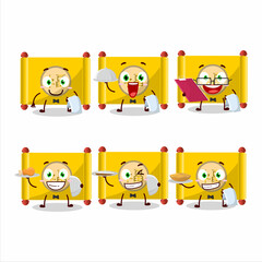happy yellow paper roll chinese waiter cartoon character holding a plate