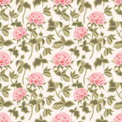 Vintage spring and summer peach garden rose flower vector seamless pattern illustration arrangements for fabric, floral prints, textile, gift wrapping paper, feminine brand and beauty products