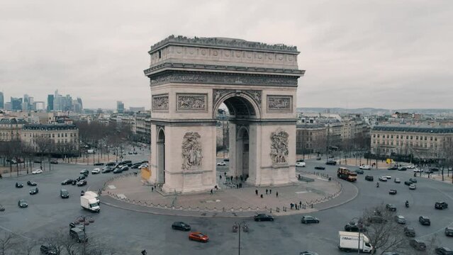 Drone flying over the triumphal arch in Paris