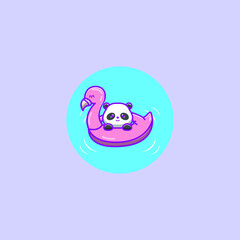 panda wearing a flamingo swimming balloon