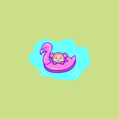 monkey wearing a flamingo swimming balloon